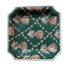 Vintage Hand-Painted Pineapple Porcelain Plate 8” Green Square